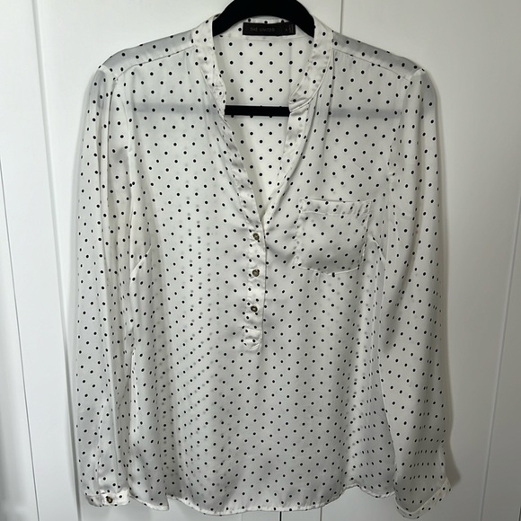 The Limited White Black satin Polka Dot Top Blouse size L gold buttons v neck - Picture 1 of 8